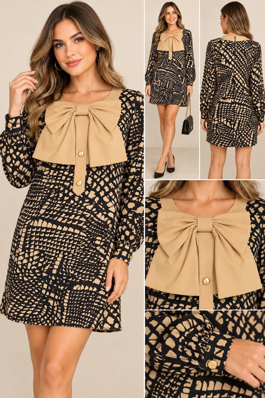 NWT Bow Mini Dress L Mod Retro Coquette Geometric Statement